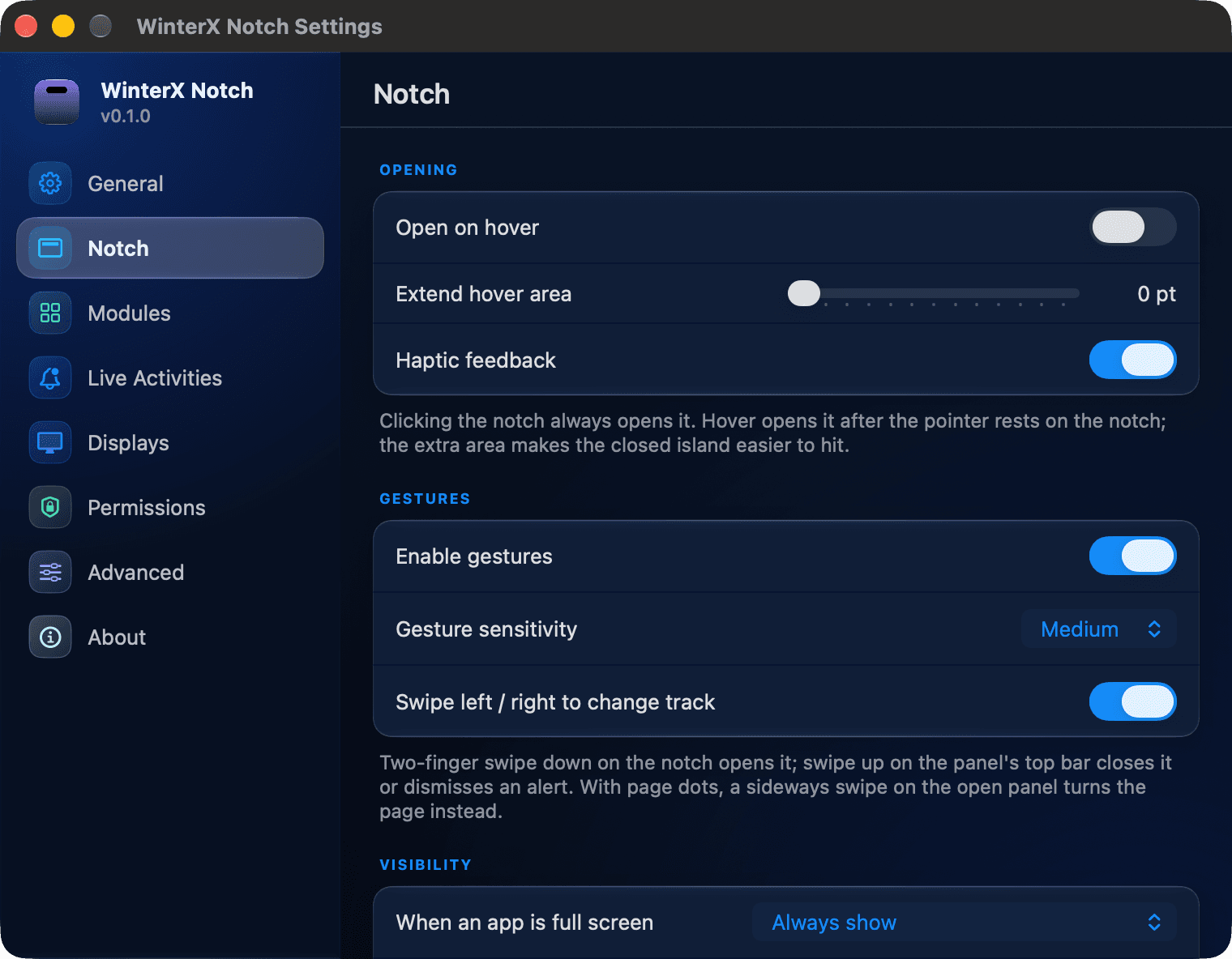 WinterX Notch settings window