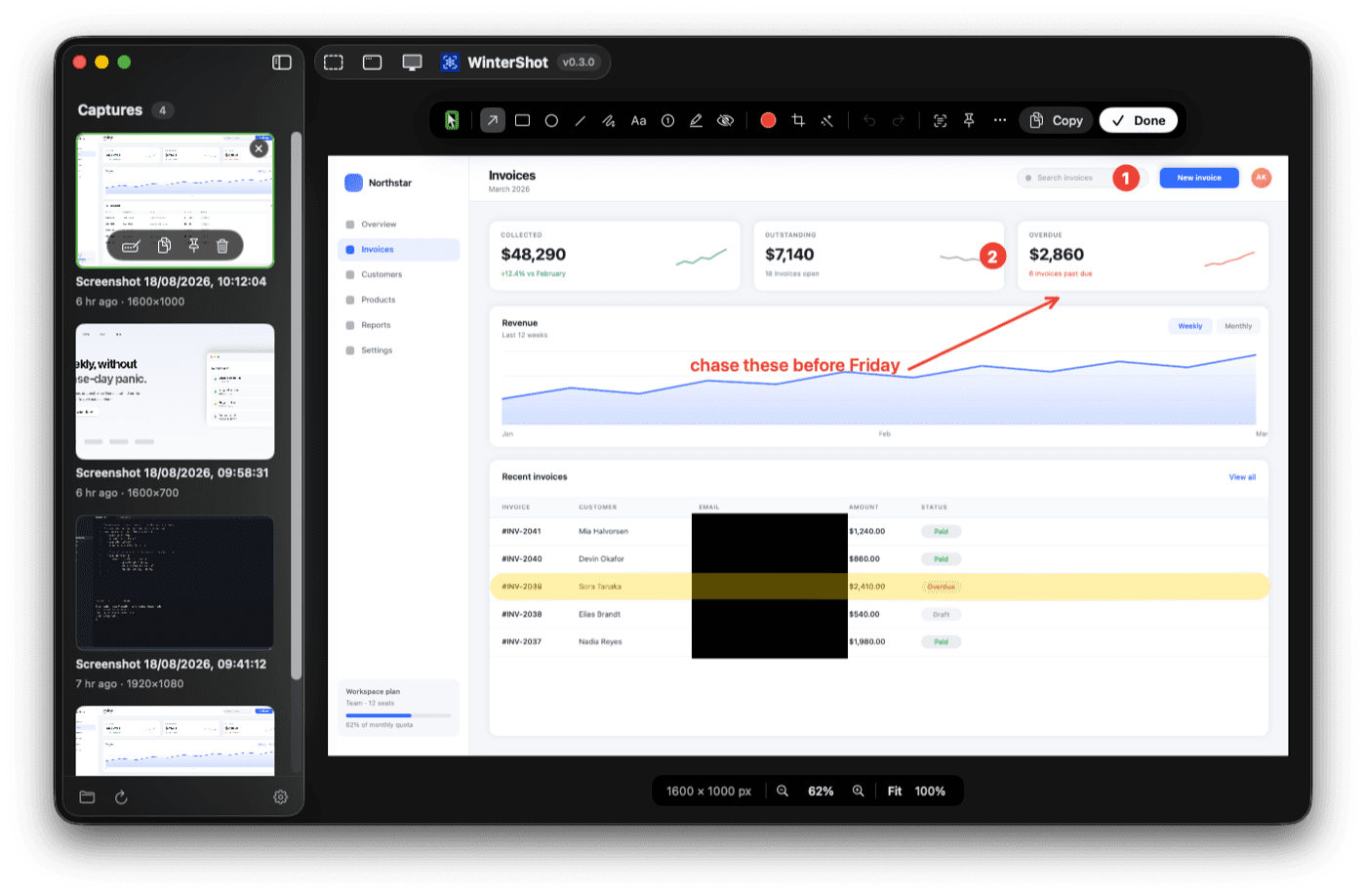 WinterShot annotation editor with arrows, boxes and redaction