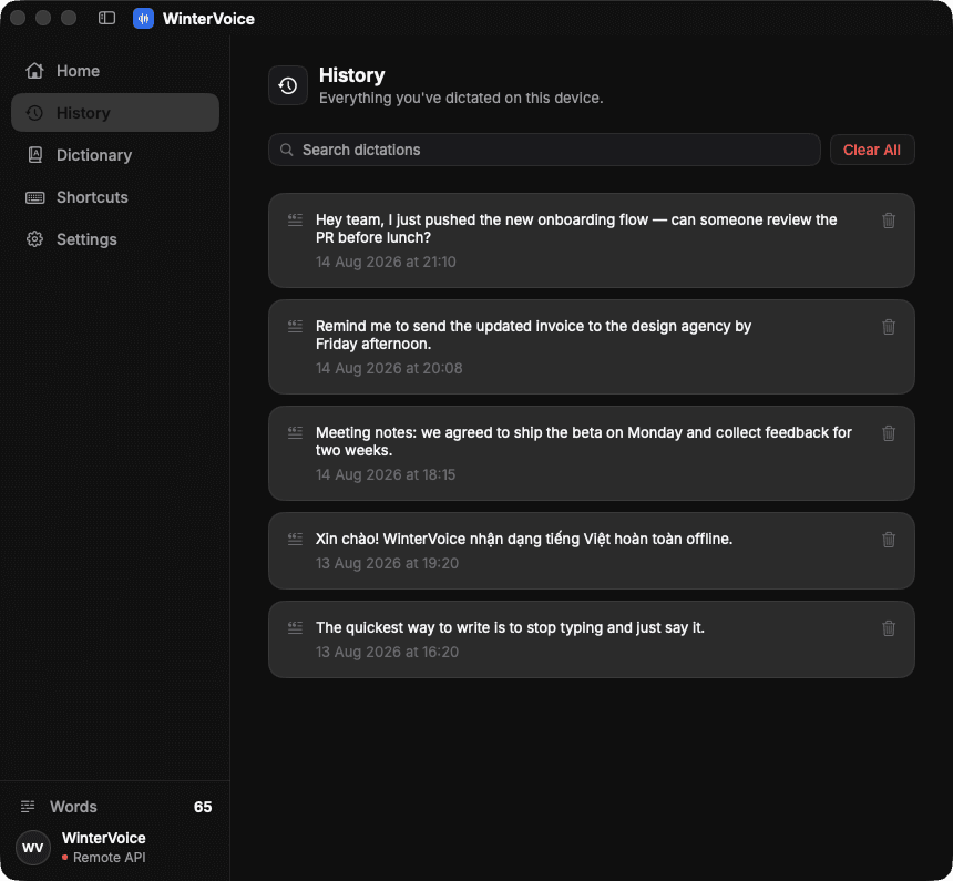 Searchable dictation history, stored locally